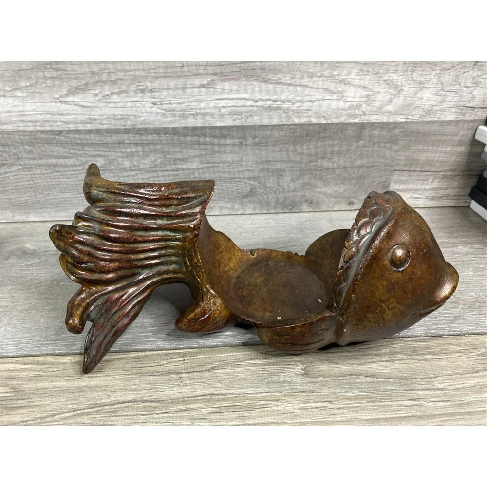 Japanese Fish Bowl Sculpture, Vintage Resin Wood Look Koi Candle Holder
